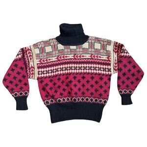 Vintage Head Burgundy Black Ski Winter 100% Wool Turtleneck Sweater Size S
